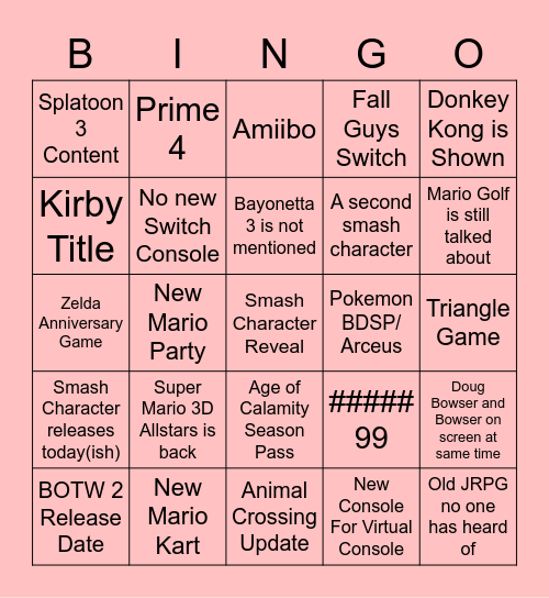 Nintendo E3 2021 Bingo Card