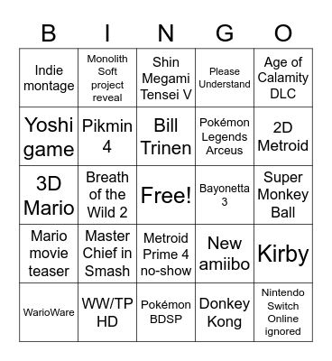 Nintendo E3 Bingo Card