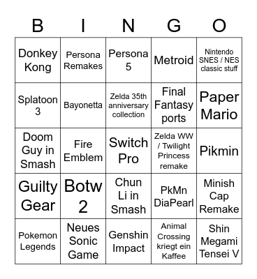 Nintendo E3 Bingo Card