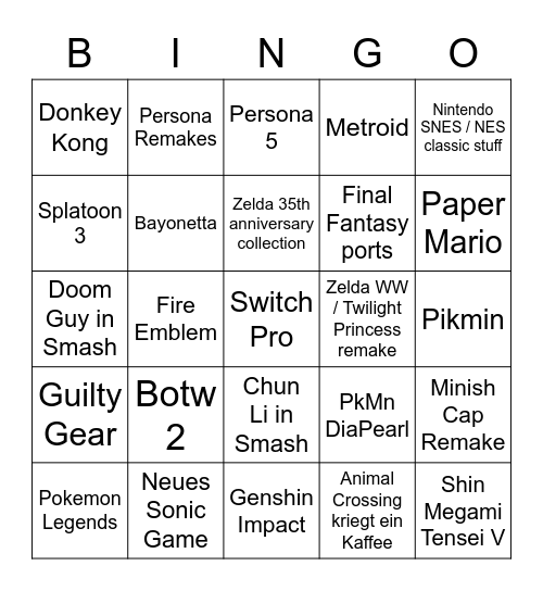 Nintendo E3 Bingo Card