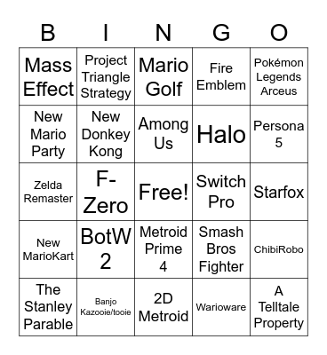 Nintendo Direct E3 Bingo Card