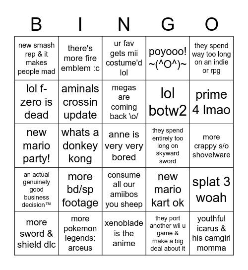 E3 2021 Nintendo Bingo Card