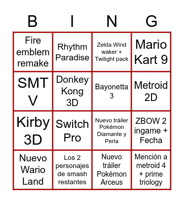 Nintendo E3 Bingo Card