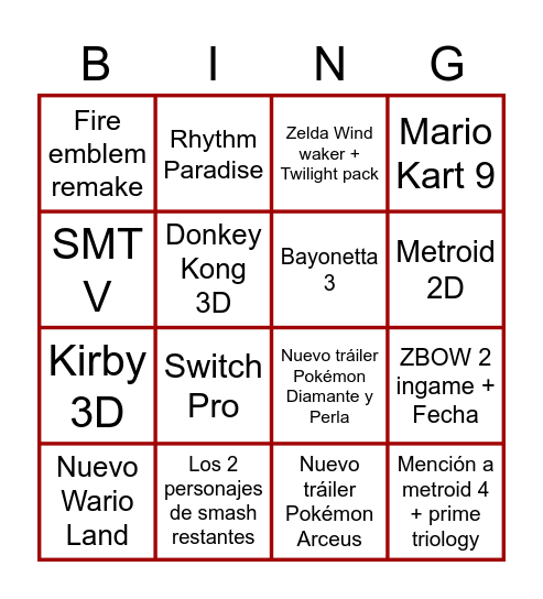 Nintendo E3 Bingo Card