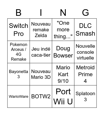 Nintendo Direct Bingo Card