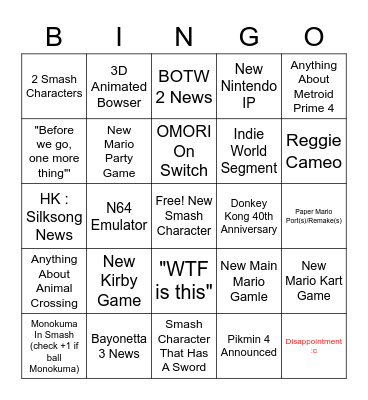 E3 2021 V2 Bingo Card
