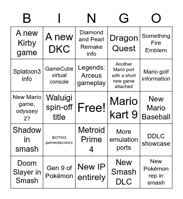Nintendo Direct 6/15/21 Bingo Card