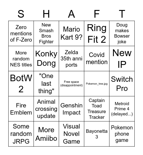 Nintendo Shaft-ening Bingo Card