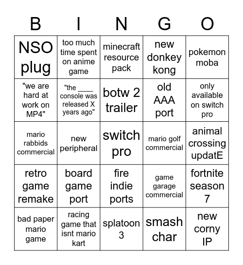 nintendo Bingo Card