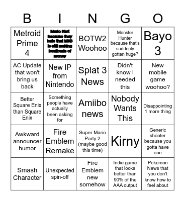 Nintendo E3 Bingo Card