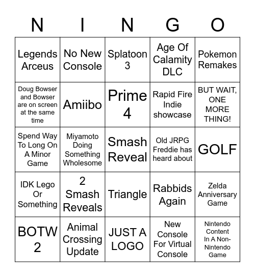 Nintendo Bingus Bingo Card