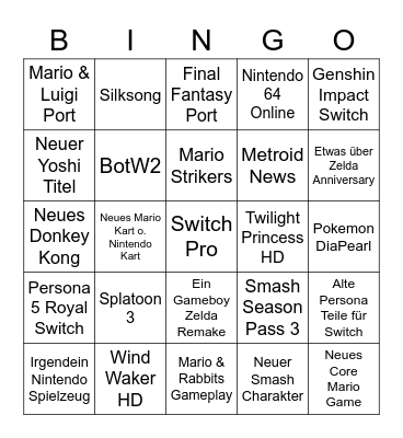 Nintendo Dorect E3 2021 Bingo Card
