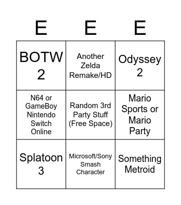 Nintendo E3 Bingo Card