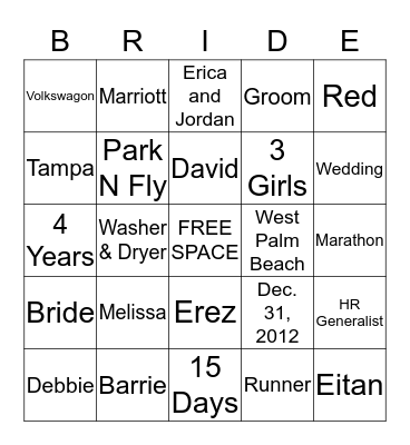 Cara the Bride Bingo Card