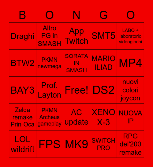 NINTENDO DIRECT Bingo Card