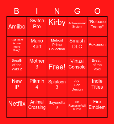 Nintendo Direct E3 Bingo Card