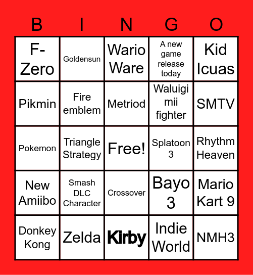 Nintendo E3 Bingo Card