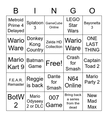 Nintendo E3 Bingo Card