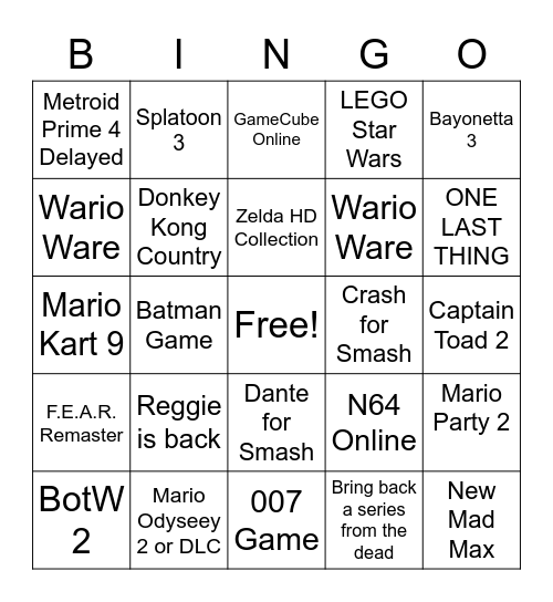 Nintendo E3 Bingo Card