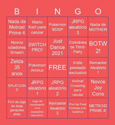 NINTENDO E3 2021 Bingo Card