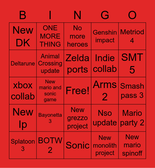 Nintendo E3 Direct Bingo Card