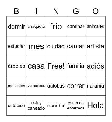Spanish I Semester Vocabulary Bingo Card