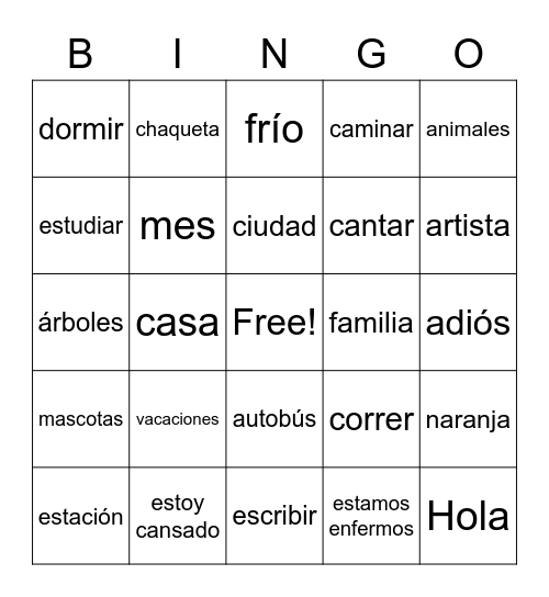Spanish I Semester Vocabulary Bingo Card