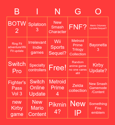 Nintendo Bingo Card