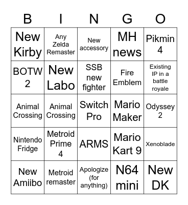 Nintendo Direct Bingo Card