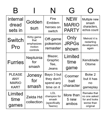 Nintendo E3 Bingo Card