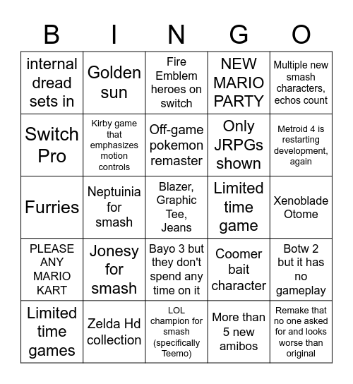 Nintendo E3 Bingo Card