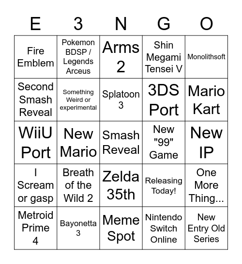 Nintendo E3 2021 Bingo Card