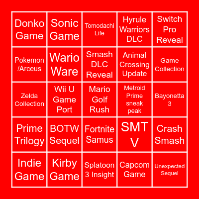 Nintendo E3 Bingo Card