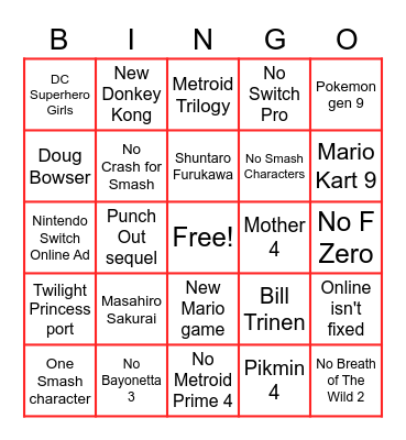 Nintendo E3 Bingo Card