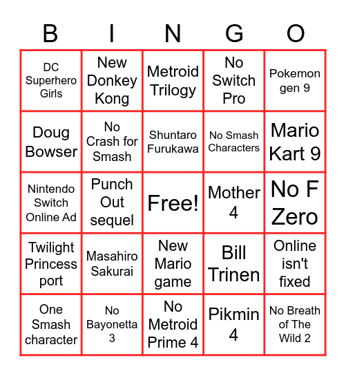 Nintendo E3 Bingo Card