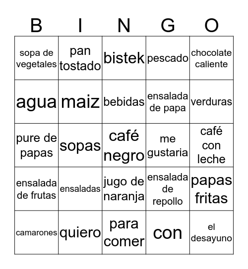 la comida Bingo Card