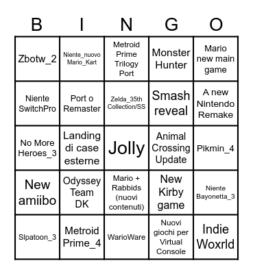 NINTENDO DIRECT Bingo Card