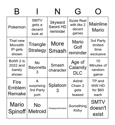 Nintendo E3 Bingo Card