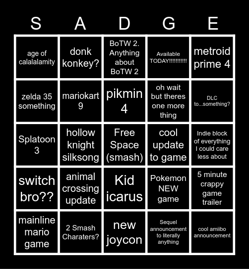 Nintedo Dirct 6/15 Bingo Card