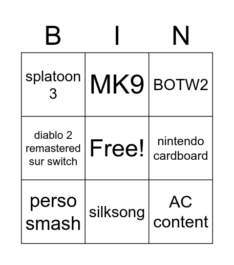 nintendal Bingo Card