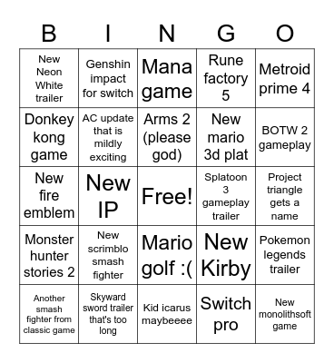 Nintendo e3 Bingo Card