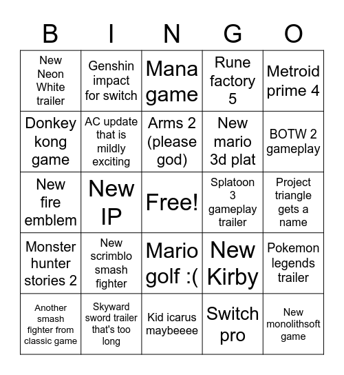 Nintendo e3 Bingo Card