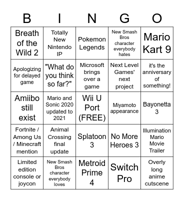 Nintendo 2021 E3 Bingo Card