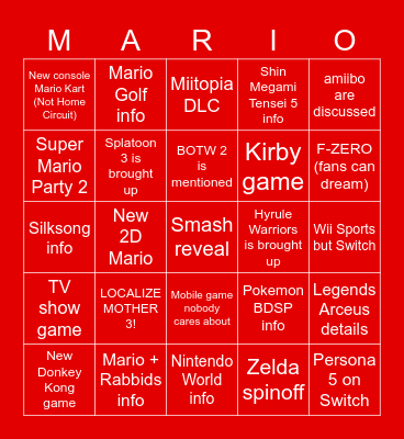 Nintendo at E3: Predictions Bingo Card