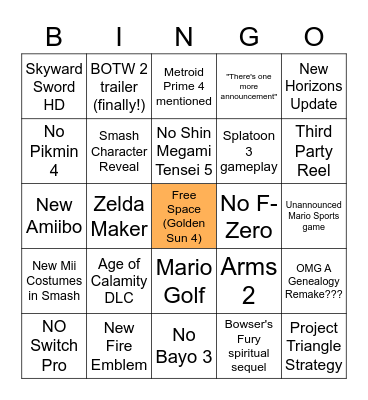 E3 2021 Nintendo Direct Bingo Card