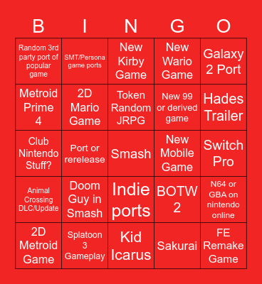 Nintendo bingo Card