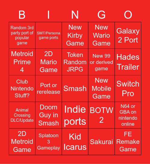 Nintendo bingo Card