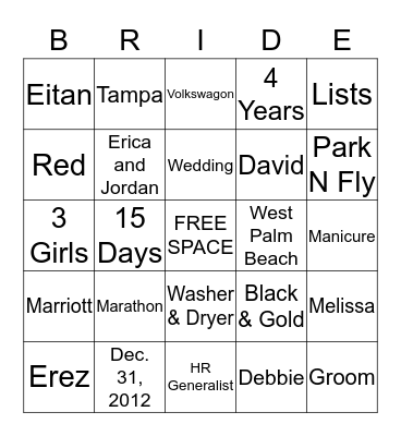 Cara the Bride Bingo Card