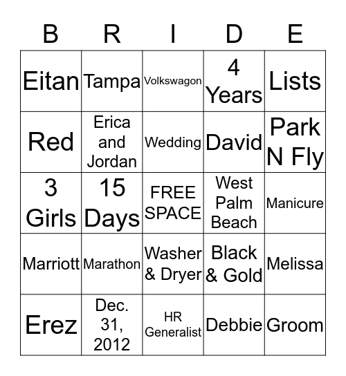 Cara the Bride Bingo Card