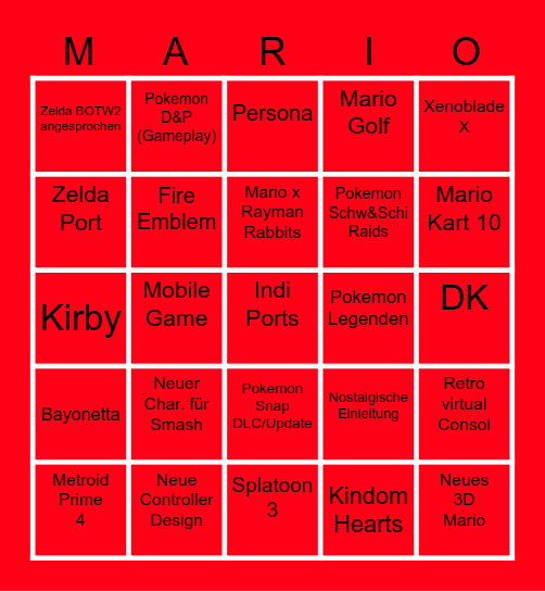 Nintendo Direct (E3) Bingo Card